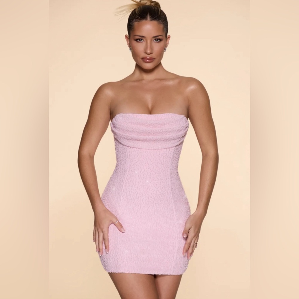 Oh Polly Basel Pink Embellished Strapless Cowl Neck Mini Dress Blush Size 4